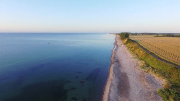 早朝は無人ドイツの海岸の美しいビーチの上の鳥を追いかけてフライトです 朝の青い海空中映像 — ストック動画