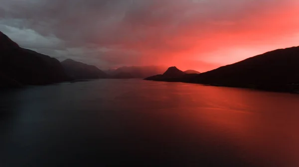 Dramatic Sunset Norwegian Fjord Aerial Drone Shot — Stock Photo, Image