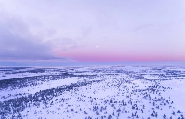 Snowy Frozen Landscape Mountains Aerial Perspective Moon Rise Scenic Winter — Stock Photo, Image