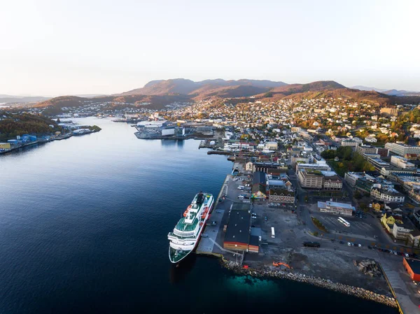 Aerial View Norwegian Hurtigruten Cruiseship Small Harbor Harstad — Stock Photo, Image