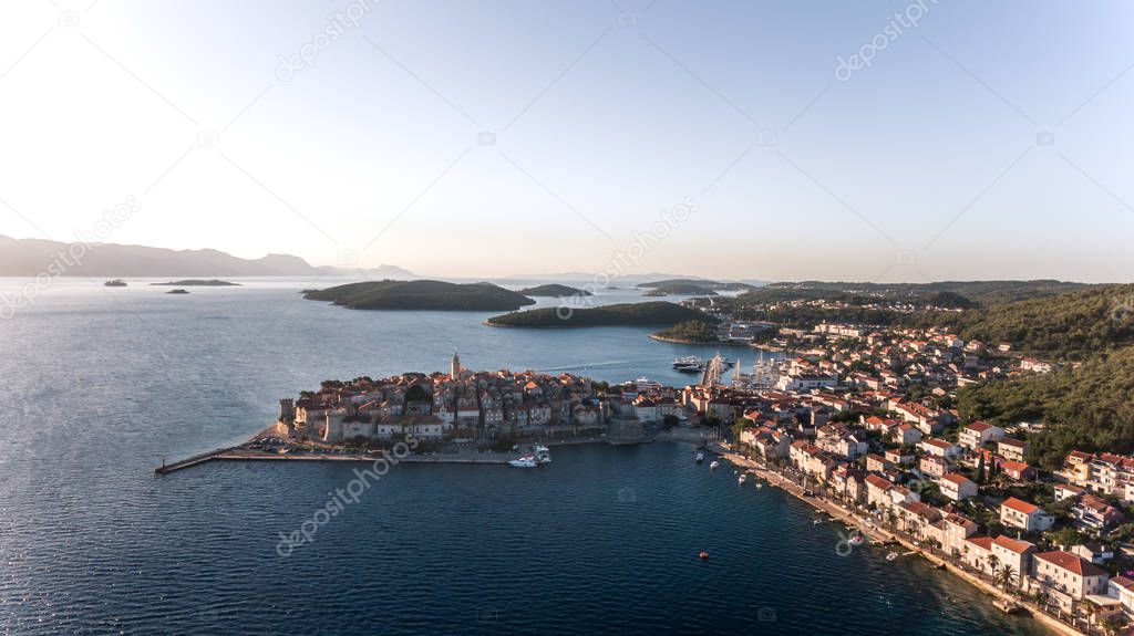 Aerial view of Korcula old town along the Croatian coast
