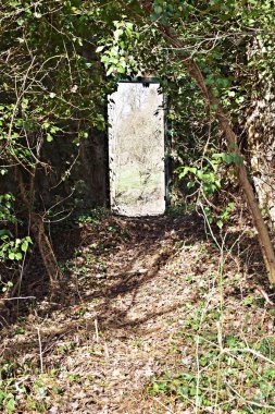 Kırmızı çerçeveli bir fabrikanın eski girişi yavaş yavaş doğa tarafından yeniden ele geçirilir ve neredeyse tamamen büyür.