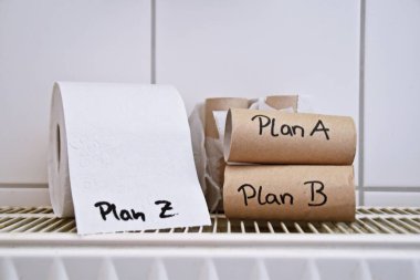 A planının yazıldığı boş bir tuvalet kağıdı rulosu ve diğer planları sembolize eden diğer tuvalet kağıdı rulolarının başarısızlığından kurtulmanın bir yolunu bulmak.
