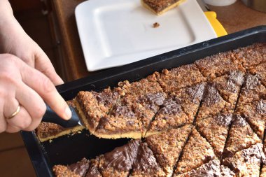 Almanya 'da öğleden sonra kahvesi ve pastası için siyah tepside duran çikolatalı ev yapımı fındık köşeleri aile kutlamaları için nefis ev yapımı pastalar.