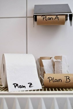 A planının yazıldığı boş bir tuvalet kağıdı rulosu ve diğer planları sembolize eden diğer tuvalet kağıdı rulolarının başarısızlığından kurtulmanın bir yolunu bulmak.