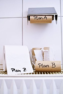 A planının yazıldığı boş bir tuvalet kağıdı rulosu ve diğer planları sembolize eden diğer tuvalet kağıdı rulolarının başarısızlığından kurtulmanın bir yolunu bulmak.