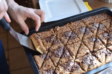 Almanya 'da öğleden sonra kahvesi ve pastası için siyah tepside duran çikolatalı ev yapımı fındık köşeleri aile kutlamaları için nefis ev yapımı pastalar.