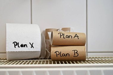 A planının yazıldığı boş bir tuvalet kağıdı rulosu ve diğer planları sembolize eden diğer tuvalet kağıdı rulolarının başarısızlığından kurtulmanın bir yolunu bulmak.