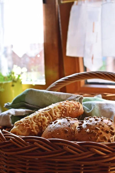 Different Pastries Placed Basket Concept Fresh Rolls Germany — Stock Photo, Image