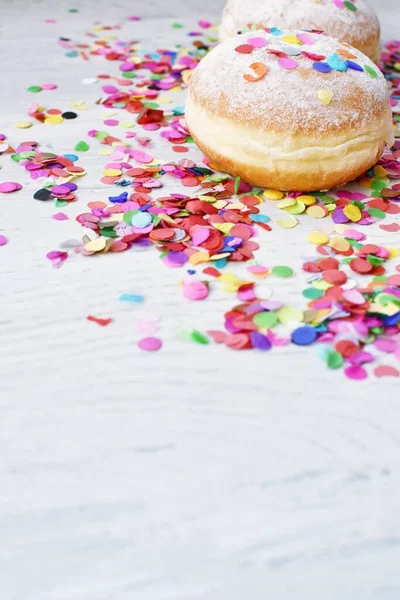 Carnival Donuts Germany Icing Sugar Light Wooden Surface Confetti Streamers — Stock Photo, Image