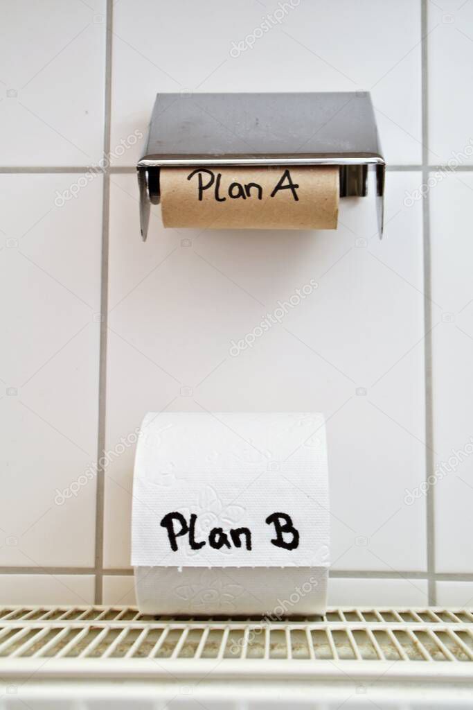 Finding a way out of the failure of a plan represented by an empty toilet paper roll, on which plan A was written, and other full toilet paper rolls that symbolize other plans