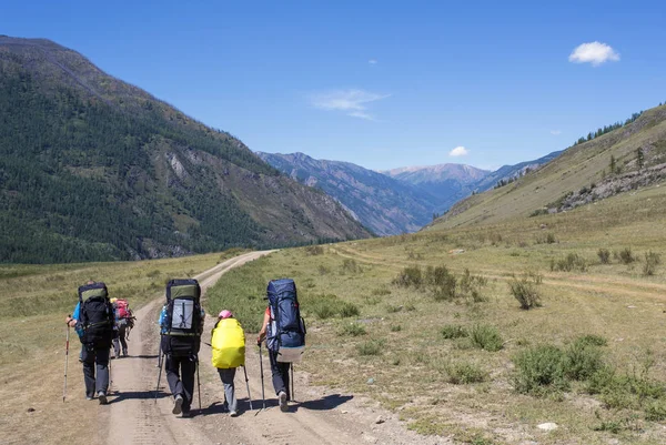 turist bir grup ayak izi boyunca sırt çantaları ile devam.