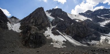 Yüksek dağların buzul ve mavi gökyüzünde