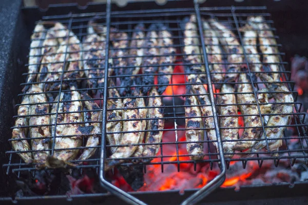 Pesce fritto in carboni alla griglia — Foto Stock