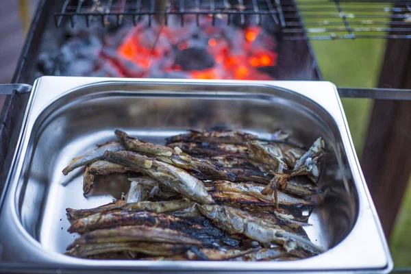 Lodde - kleine vissen op een metalen protvin. Goede snack voor bier. — Stockfoto