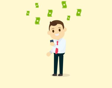 İşadamı gelir faydalanmakta akıllı telefon kullanmak ve bir sürü para vektörel Illustrator yapmak.