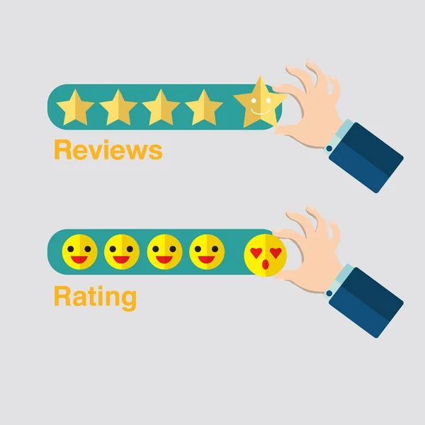 Mano business con icona stella per recensioni vettori.Mano con emoji — Vettoriale Stock