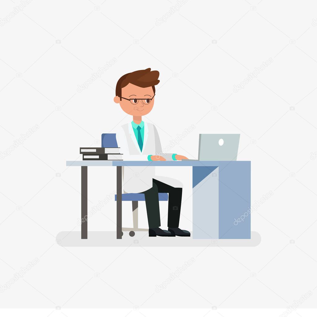 Doctor cartoon character sitting on desk with laptop and books vector