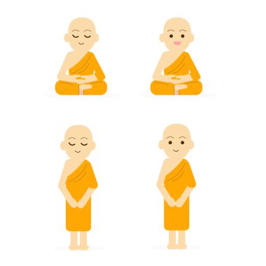 Monk karikatür huzurlu izole beyaz arka plan ayarlayın. Vektör çizim Buda karakter kümesi