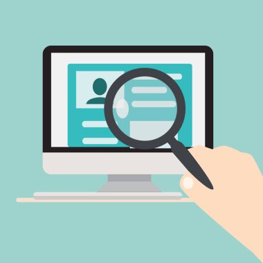 İnsanlar concept.Computer bir resepsiyon ve bir el Büyüteç ekran vektör çizim üzerinde kişi arama üzerinde tutarak arama