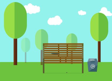 Park ve ahşap genel koltuk ve mavi bin yan ağaç, bulutlar ve gökyüzü illüstrasyon vektör