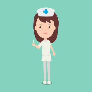 Sevimli hemşire ve sağlık personeli şırınga vektör illüstrasyon kavramı düz tasarım karakter tutun.