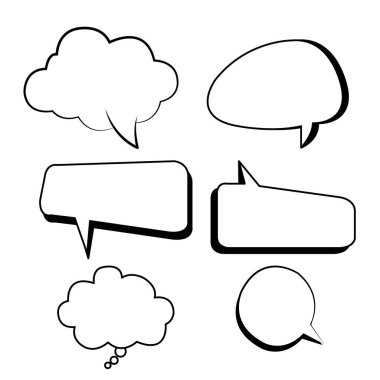 Kabarcıklar metin kutuları çizgi vektör izole beyaz arka plan ile ayarlayın. Bulutlar kabarcıklar, şekil metin kutusu stili.