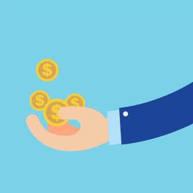 Düz elinden kazanmak para sembol izole mavi arka plan ile iş hakkında 