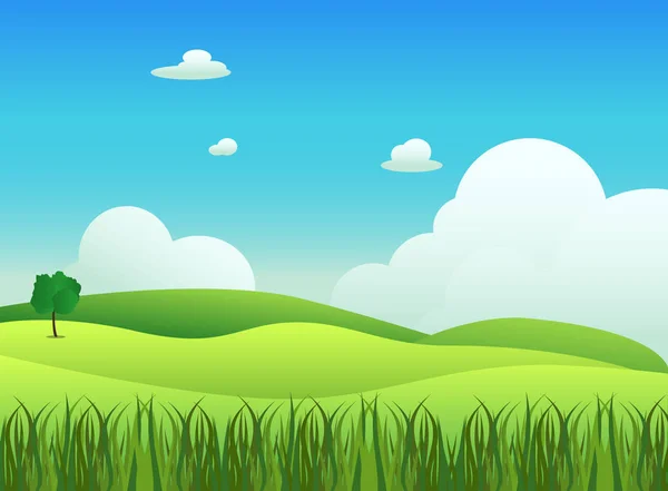 Paisaje del prado con césped en primer plano, vector illustration.Green campo y azul cielo con fondo de nube blanca — Vector de stock