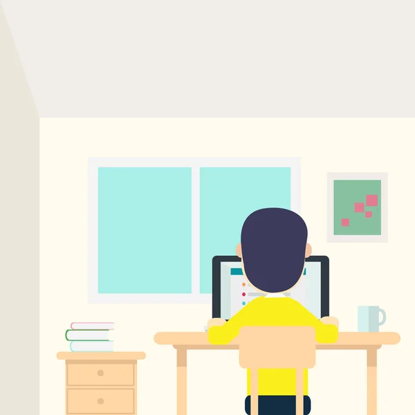 Jonge man werk in zijn kamer met laptop en cup op tabel vectorillustratie. — Stockvector