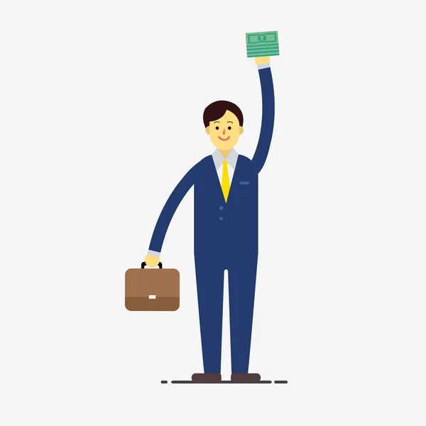 Plochý podnikatel znakový styl nosit suite usmívající se držet peníze a tašku pro jeho úspěch, štěstí v podnikání ilustrace — Stockový vektor