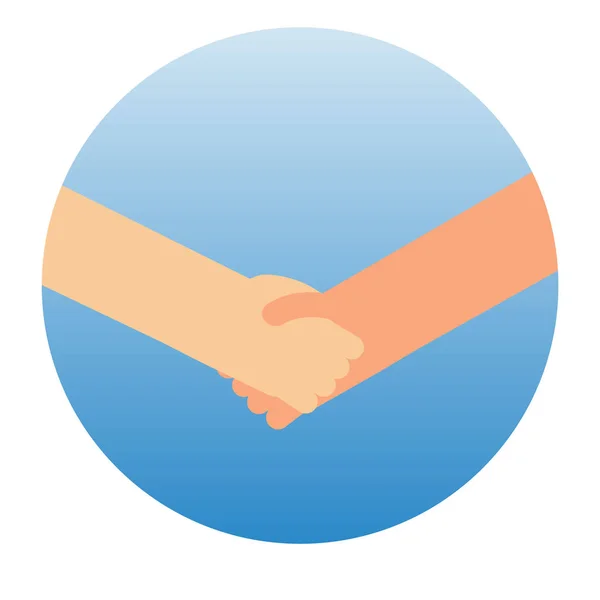 Векторная иллюстрация рукопожатия, символ успешной сделки, счастливое партнерство, приветственное рукопожатие, случайное соглашение о рукопожатии плоская вывеска дизайн изолирован на градиентном синем круге — стоковый вектор