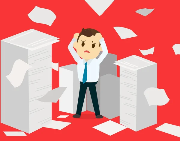 Businessman having a lot of paperwork.Young businessman surrounded by lots of papers. Business man standing in the heap of papers. Vector flat design illustration and red background deadline concept — Stock Vector