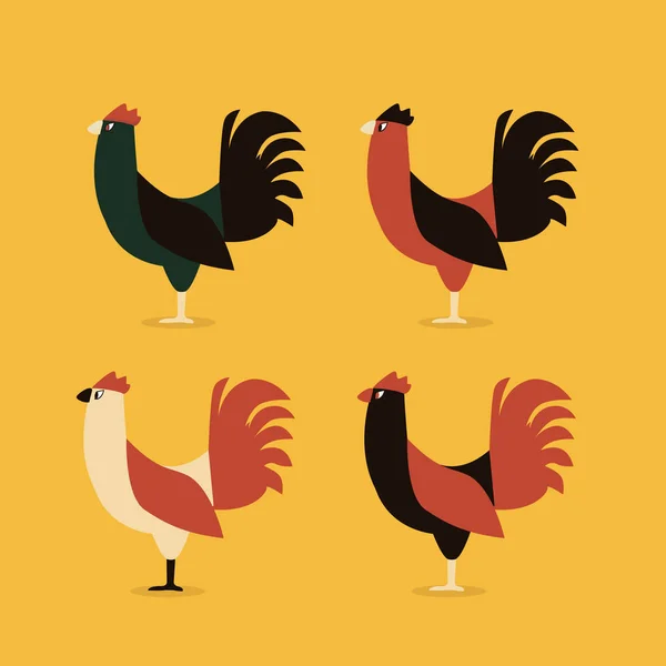 Roosters or corks fighter four style color with yellow background — Stock Vector