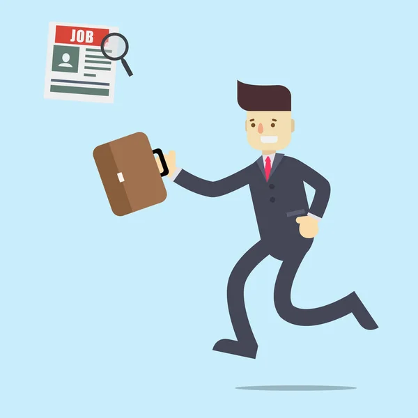 Homme d'affaires courir pour trouver un emploi dans le journal avec loupe et tenant sac brun — Image vectorielle