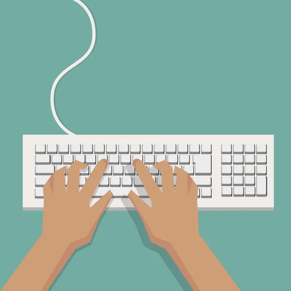 Manos planas escribiendo en teclado blanco con cable y fondo pastel — Archivo Imágenes Vectoriales