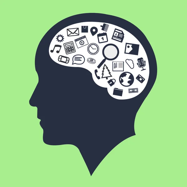 Iconos de pensamiento creativo cabeza humana silueta con ilustración de fondo verde — Vector de stock