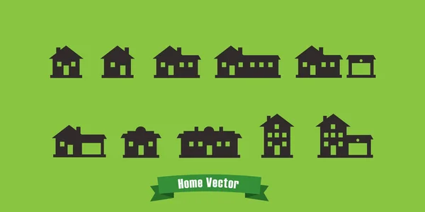 Huis silhouet pictogrammen met lint en groen tekstachtergrond — Stockvector