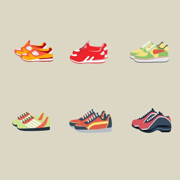 Zapatos deportivos en seis tipos con fondo plano — Vector de stock