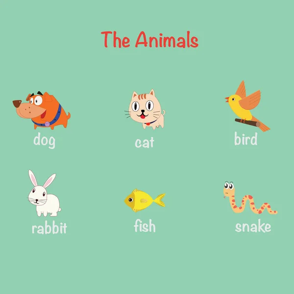 Carino animale domestico cartone animato personaggio impostare stile piatto vettoriale illustrazione con testo sotto animale — Vettoriale Stock