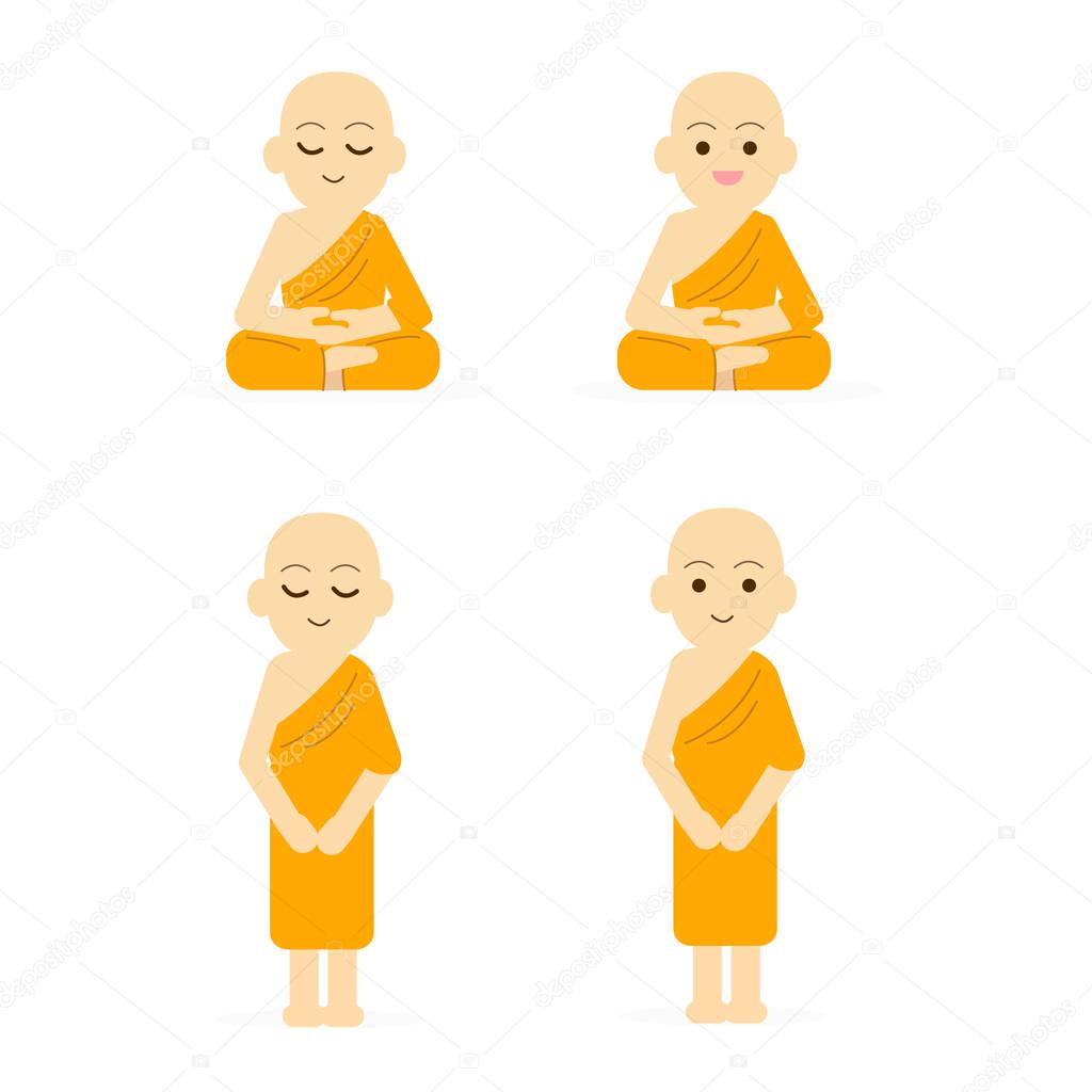 Monk cartoon set peaceful isolated white background.Buddha character set vector illustration