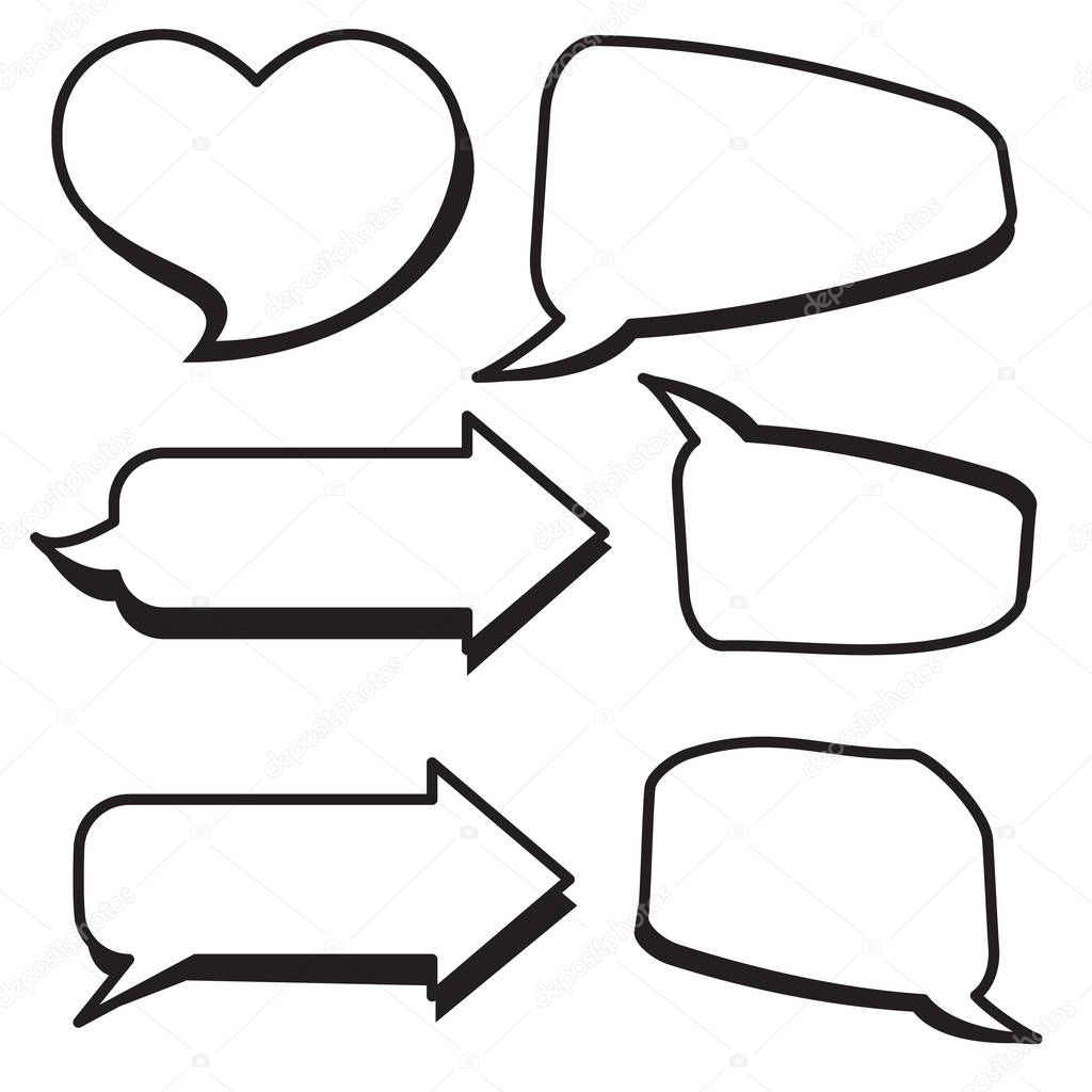 Set of cartoon text boxes with arrow shape,heart shape vector illustration.Bubbles blank speech.