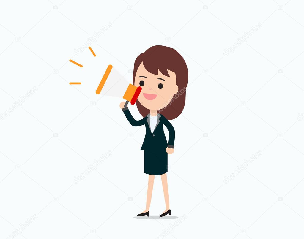 Businesswoman announce with megaphone,promotion marketing concept.character talking loudspeaker vector illustration.