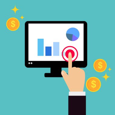 İş el tıklatın iş bilgi ve sikke öğe vektör bilgisayar ekranında