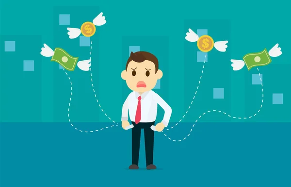 Dolar ve paralar kanadı çanta şehir arka plan vektör çizim ile uzak uçan para kaybetme işadamı