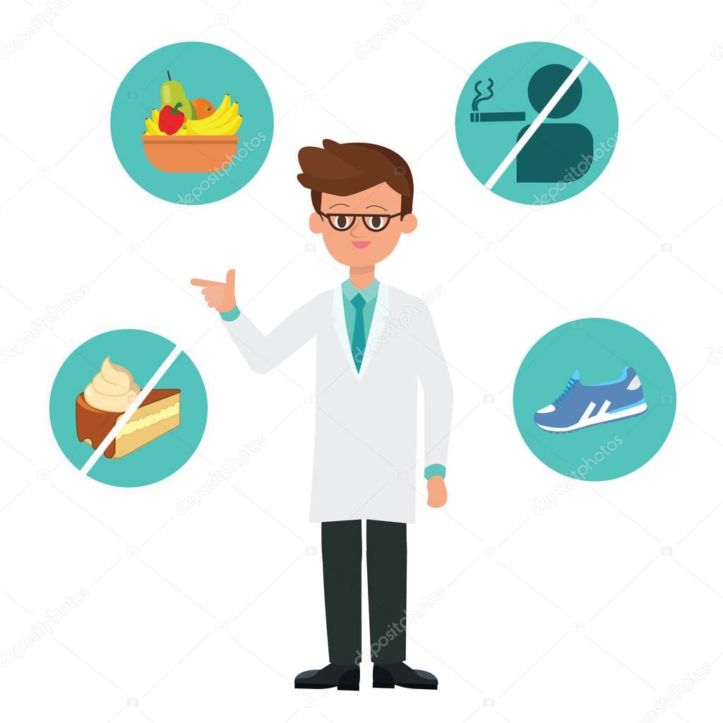 Doctor cartoon character with healthy icons vector illustration