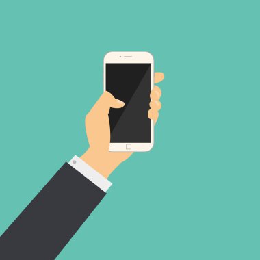Düz iş elini tut boş ekran vektör ile bir telefon. El ile hareket eden telefon vektör