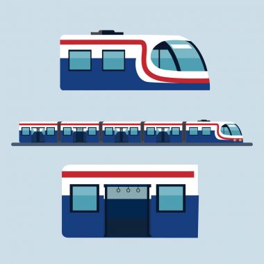 Gökyüzü tren istasyonu düz tasarım nesneleri, baş kısmı ile yan görünüm 