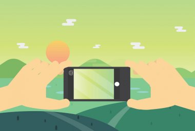 Düz yatıyordu mobil manzara fotoğraf vektör. Telefon ile el