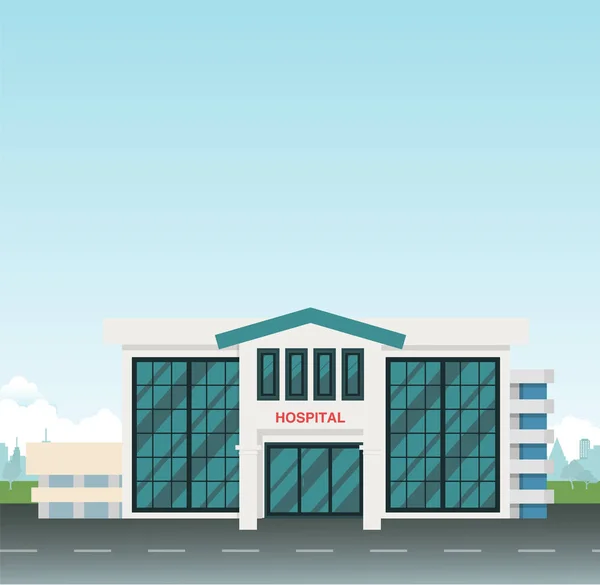 Hôpital moderne sur la rue principale à la ville avec le vecteur de fond du ciel — Image vectorielle